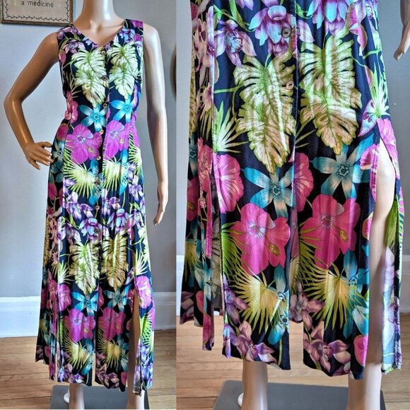 Vintage 90s Scarlett Midi Dress Button Front Tropical Print Funky Cottagecore 13 - Picture 1 of 16